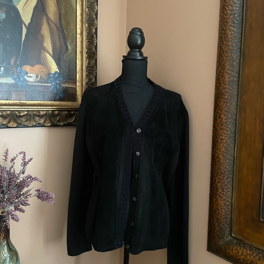 Sporty & Chic Jones New York Country Black Suede Front & Knit Cárdigan XL